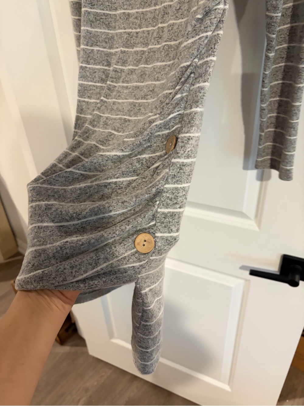 Light Grey Ribbed Knit Top with Sleeve Button Detail